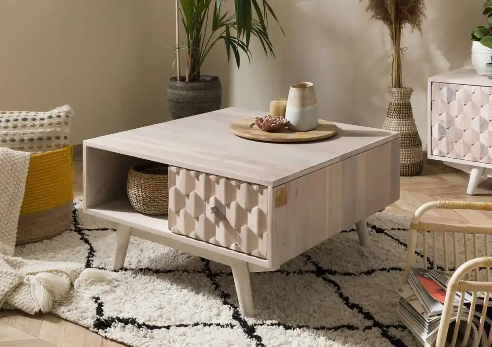Couchtisch Akazie 70x70x40 weiß lackiert MOSAYK #217 Direktkauf