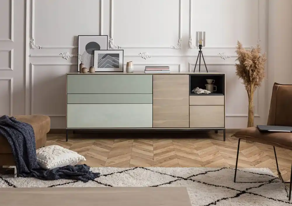 Sideboard Akazie 200x45x85 grau-weiß geölt CHICAGO #05 Bestpreis