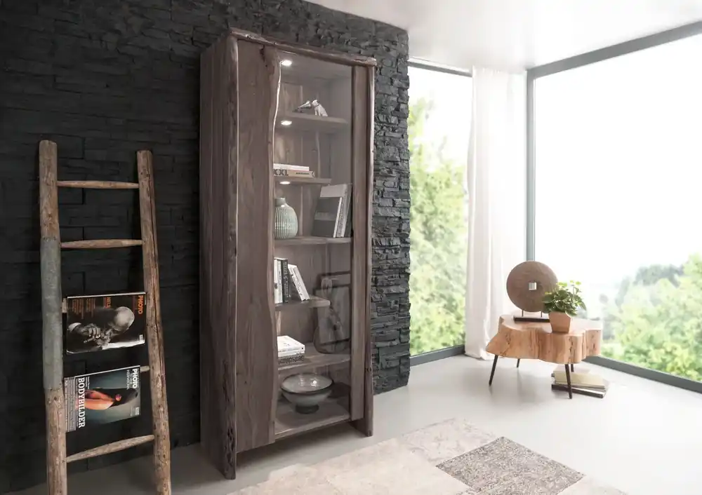 Vitrine Akazie 81x45x204 grau lackiert PURE ACACIA #406 Echt