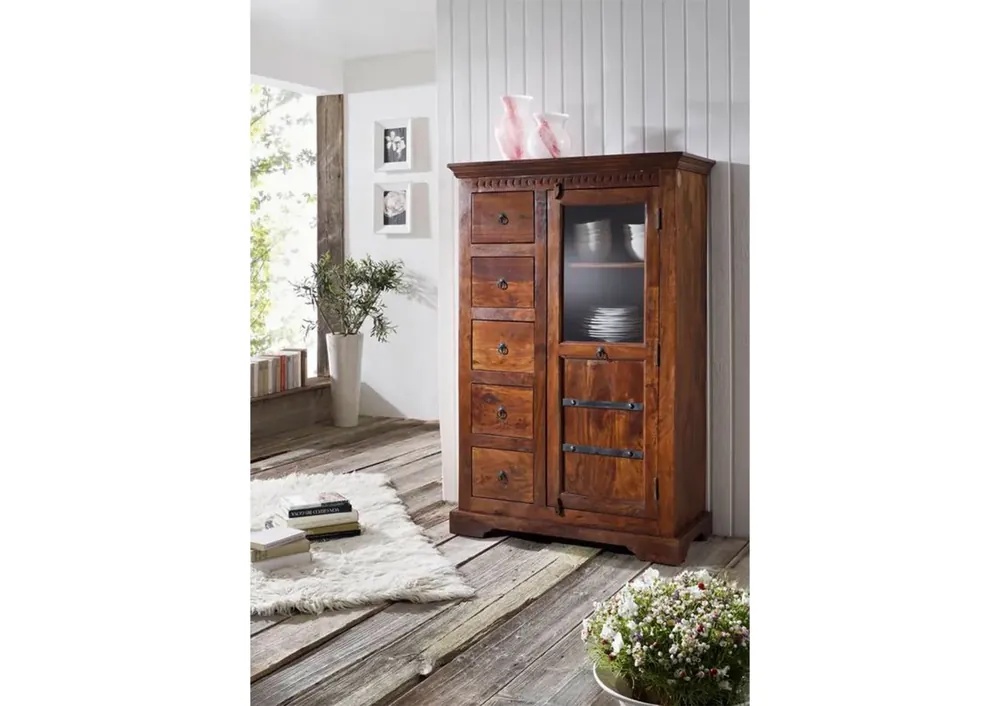 Vitrine Akazie 95x45x147 nougat lackiert OXFORD #417 Expressversand