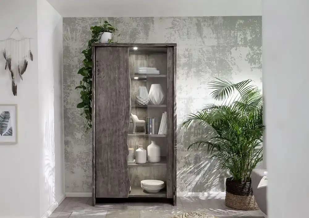 Saisonangebot Vitrine Akazie 105x45x204 grau lackiert PURE ACACIA #911
