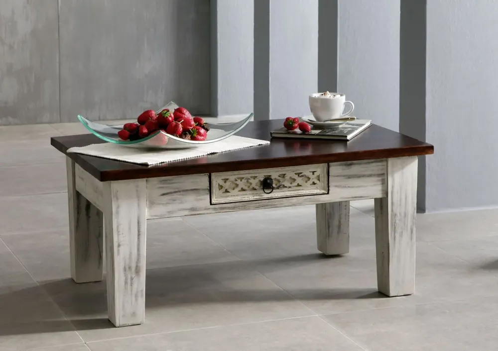 Couchtisch Mango / Akazie 90x60x40 weiß gewachst CASTLE-ANTIK #247 Garantierte Lieferung