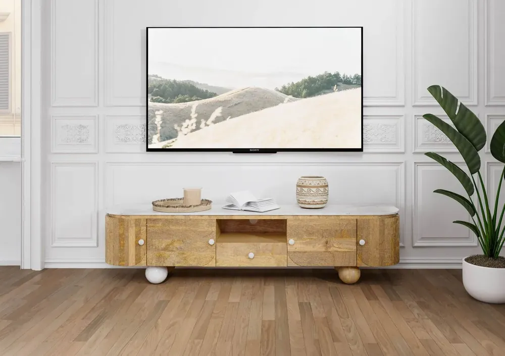 TV-Board Mango 200x40x50 natur lackiert / Marmor weiß FLORENZ #101 Highlight