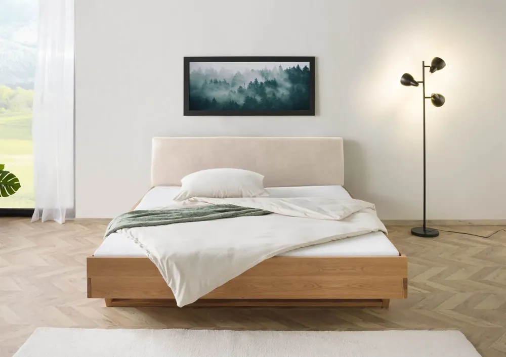 Bett Eiche 200x200x85 natur geölt, Kopfteil beige FICHTELBERG #128 Meistverkauft