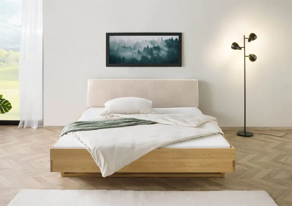 Bett Fichte 140x200x85 natur gebeizt / geölt, Kopfteil beige FICHTELBERG #137 Expressversand