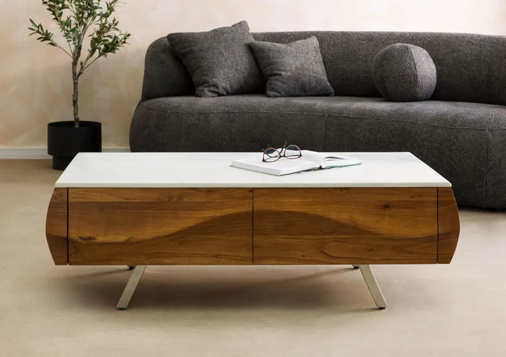 Couchtisch Akazie 124x60x40 natur lackiert / Marmor weiß MONTREAL #130 Sale