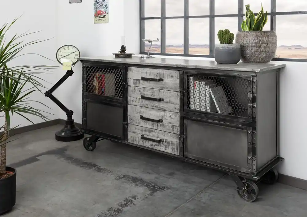 Bestpreis Sideboard Mango 153x40x80 grau lackiert HEAVY INDUSTRY #153