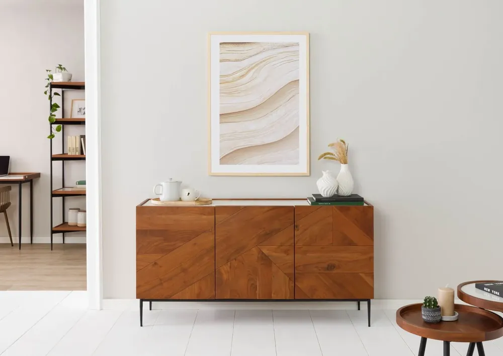 Sideboard Akazie 147x40x76 natur lackiert / Marmor weiß KARLSTAD #15 Günstig