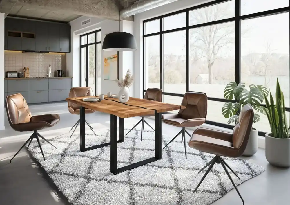 Baumtisch Akazie 180x90x76 natur lackiert / Epoxid schwarz, U-Beine anthrazit matt EPOXY Direktkauf