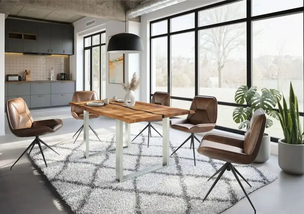 Markenware Baumtisch Akazie 180x90x76 natur lackiert / Epoxid schwarz, U-Beine silber matt EPOXY