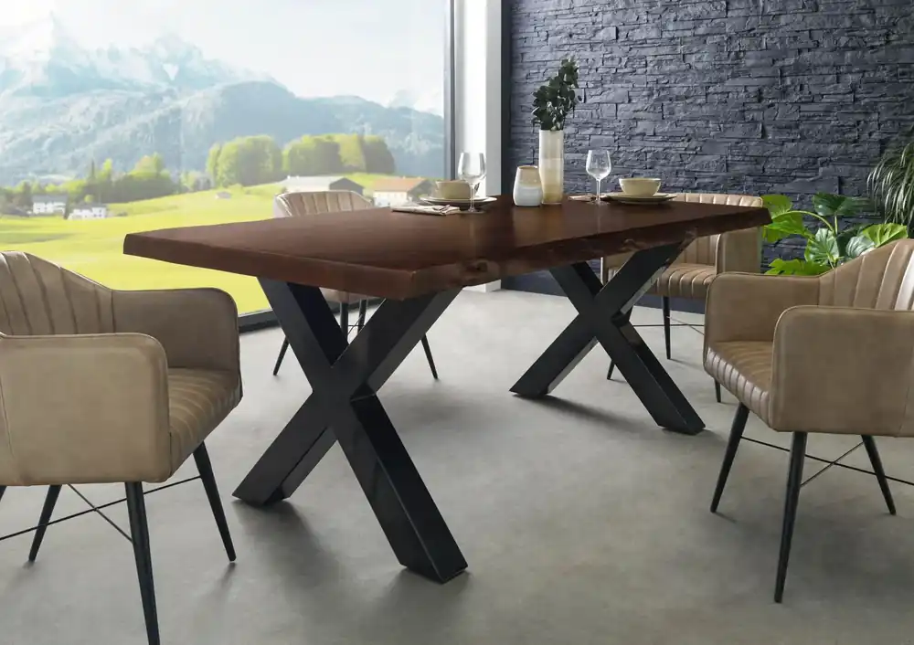 Neuheit Baumtisch Akazie 200x100x77 braun lackiert / X-Beine anthrazit glänzend FREEFORM 5