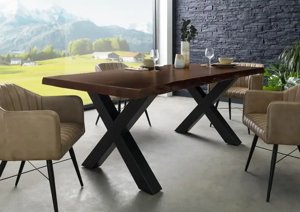 Knallerangebot Baumtisch Akazie 200x100x77 braun lackiert / X-Beine anthrazit matt FREEFORM 5