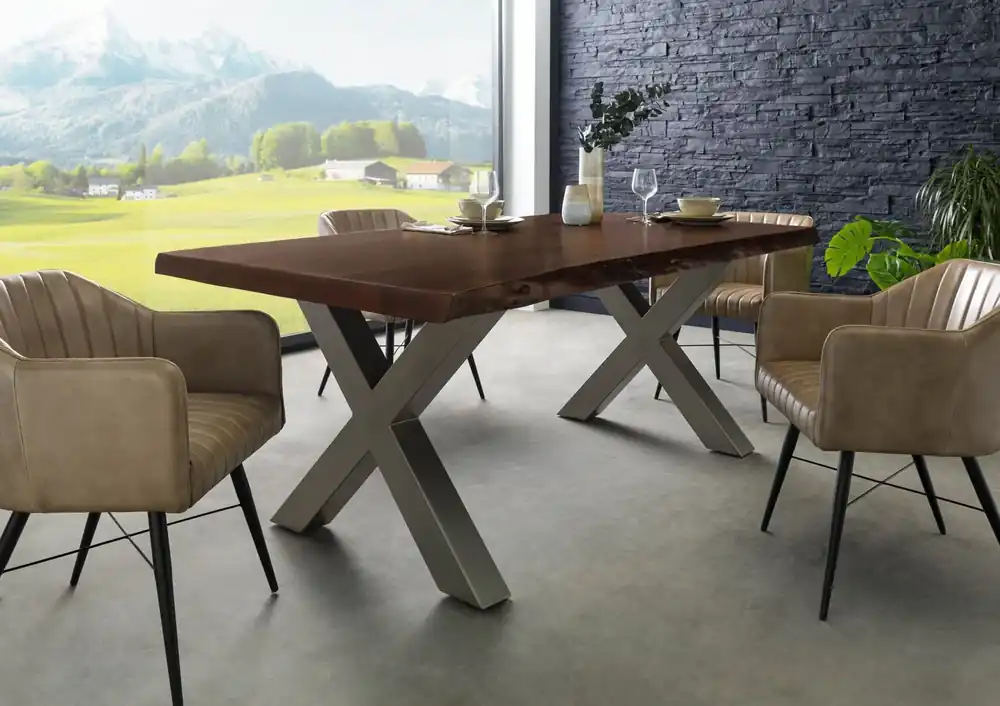 Baumtisch Akazie 200x100x77 braun lackiert / X-Beine silber matt FREEFORM 5 Neu Im Sortiment