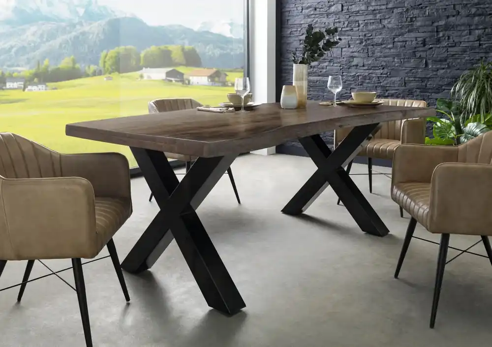 Aktuell Baumtisch Akazie 200x100x77 grau lackiert / X-Beine anthrazit glänzend FREEFORM 5