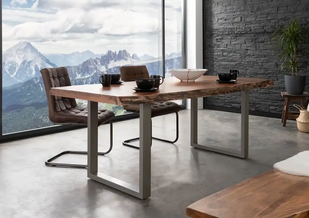 Baumtisch Akazie 200x100x77 natur lackiert / U-Beine silber matt FREEFORM 5 Ausverkauf