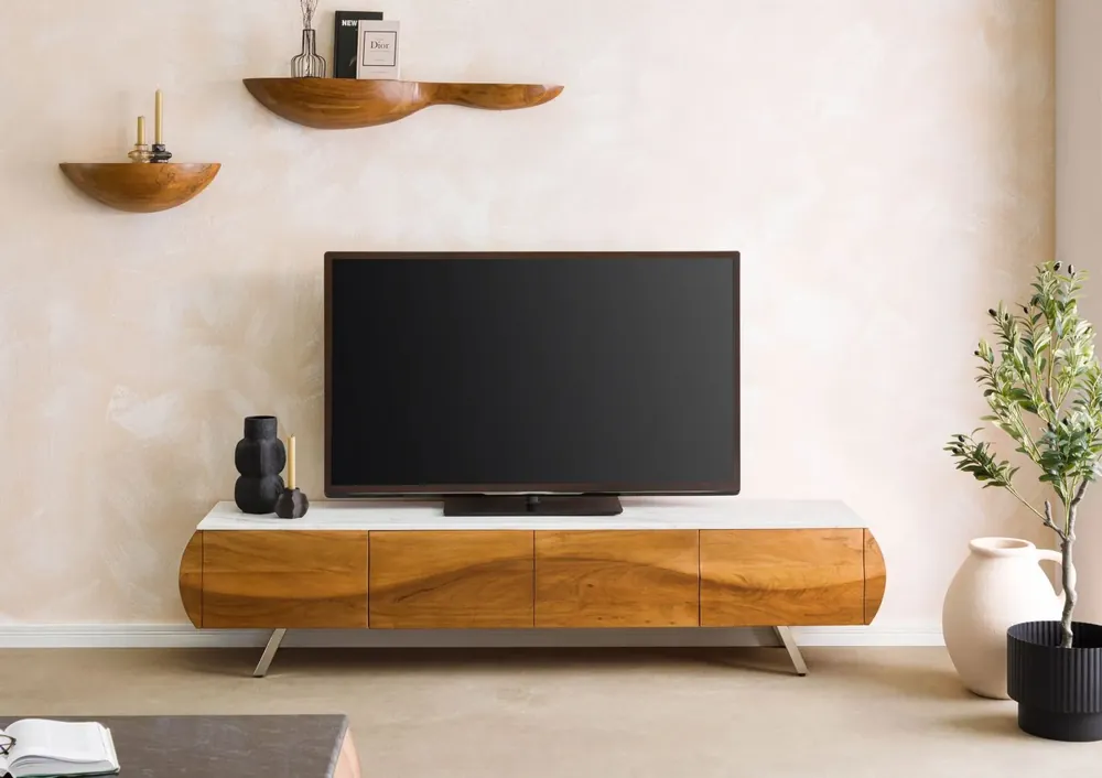 TV-Board Akazie 204x40x45 natur lackiert / Marmor weiß MONTREAL #124 Meistverkauft