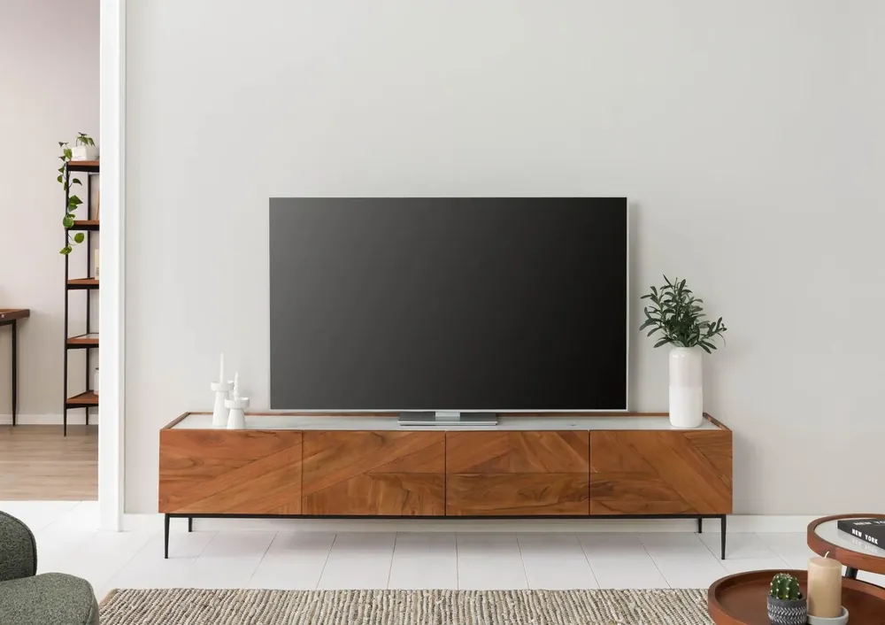 TV-Board Akazie 220x40x50 natur lackiert / Marmor weiß KARLSTAD #06 Sofort Bestellen