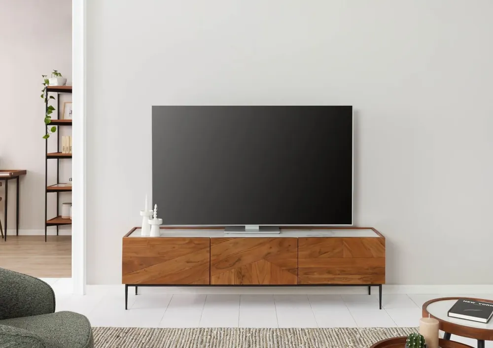 Top-Seller TV-Board Akazie 180x40x50 natur lackiert / Marmor weiß KARLSTAD #05