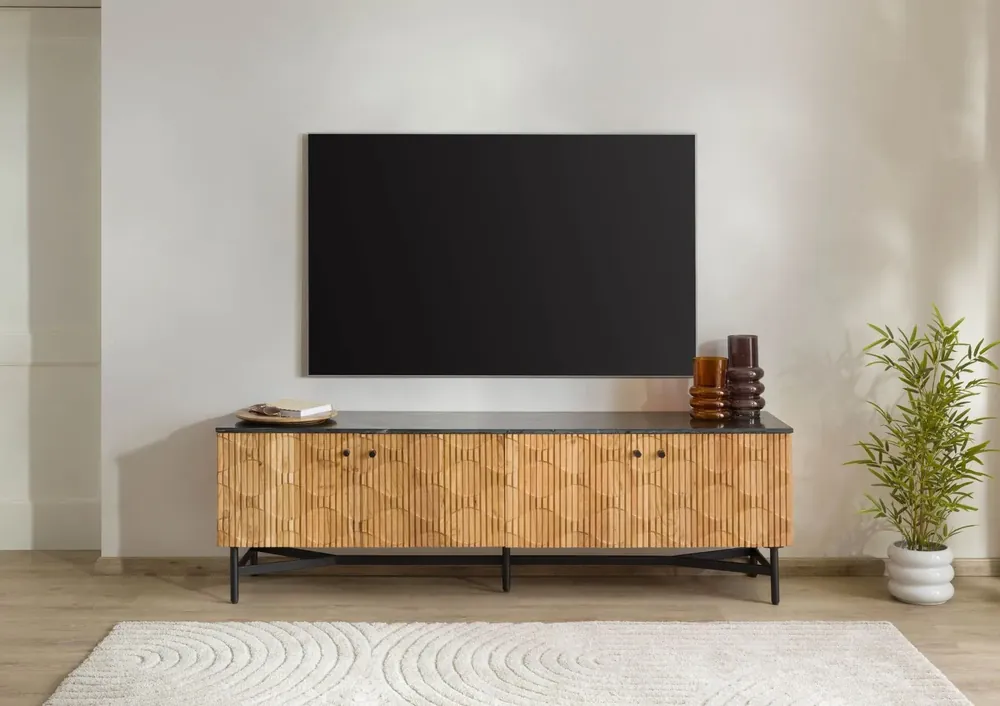Must-Have TV-Board Akazie 180x40x55 natur lackiert / Marmor schwarz LONDON #105