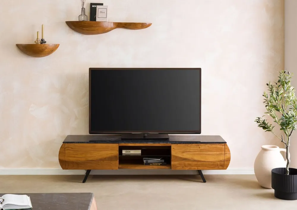 TV-Board Akazie 184x40x45 natur lackiert / Marmor schwarz MONTREAL #121 Bestseller