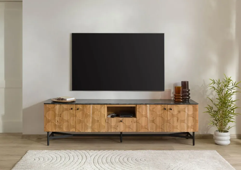Bestseller TV-Board Akazie 200x40x55 natur lackiert / Marmor schwarz LONDON #106