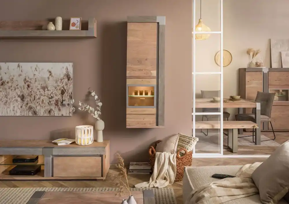 Hängevitrine Akazie 48x35x142 beige lackiert Amsterdam #112 Abverkauf