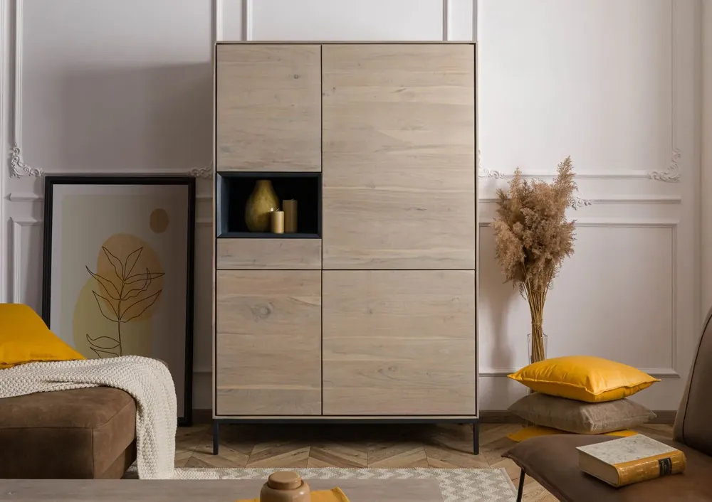 Highboard Akazie 111x45x175 grau-weiß geölt CHICAGO #09 Neu Im Sortiment