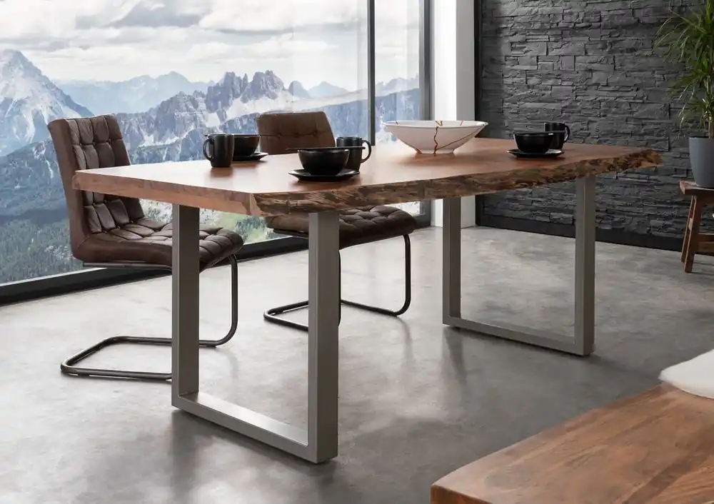 Baumtisch Akazie 220x100x77 natur lackiert / U-Beine silber matt FREEFORM 5 Heißes Angebot