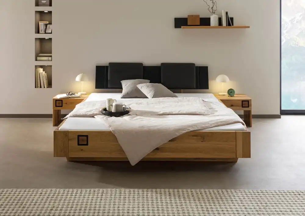 Kracherpreis Bett inkl. Nachttische und Kopfteilkissen anthrazit Wildeiche 140x200x86 natur geölt/lackiert KITZBÜHEL #168