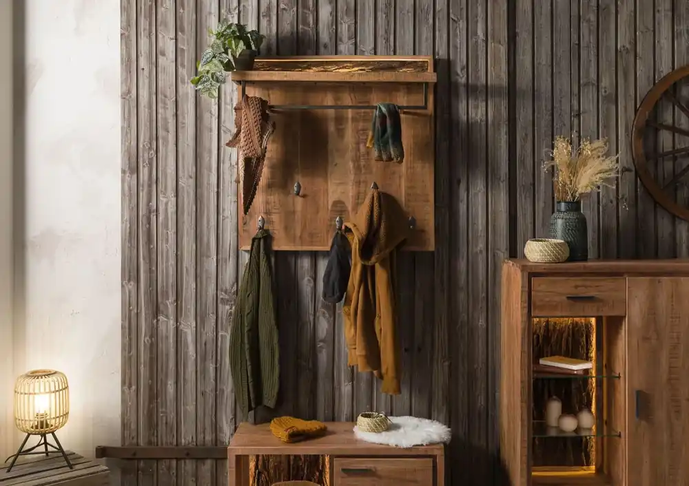 Wandgarderobe Akazie 88x25x88 natur lackiert BARK #119 Top-Preis