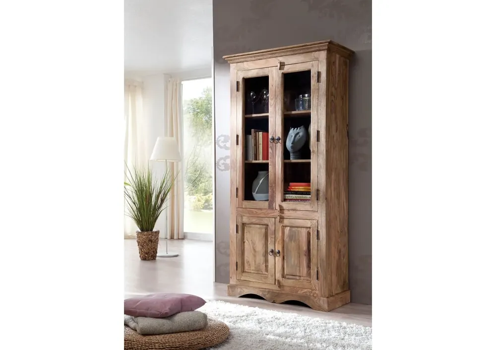 Vitrine Sheesham 90x40x190 grau geölt LEEDS #47 Günstig