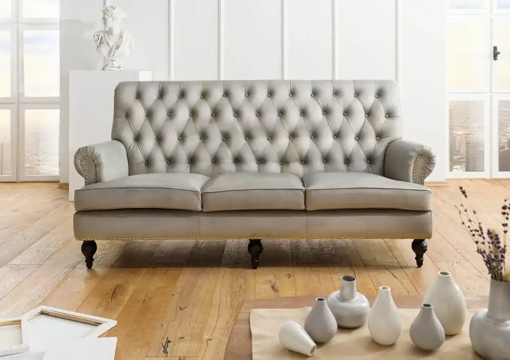 Nur Heute Sofa 3-Sitzer Echtleder 196x84x94 grau CHESTERFIELD #207