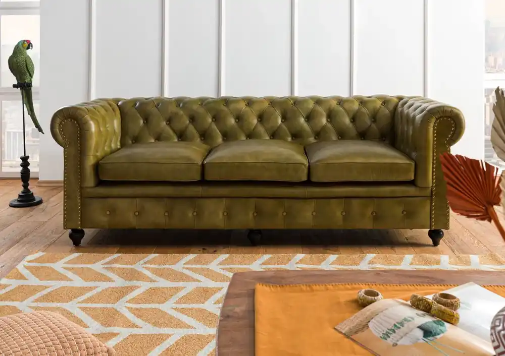 Sofa 3-Sitzer Echtleder 216x82x75 grün CHESTERFIELD #303 Neu