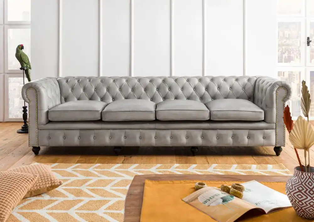 Geprüft Sofa 4-Sitzer Echtleder 274x82x75 grau CHESTERFIELD #204