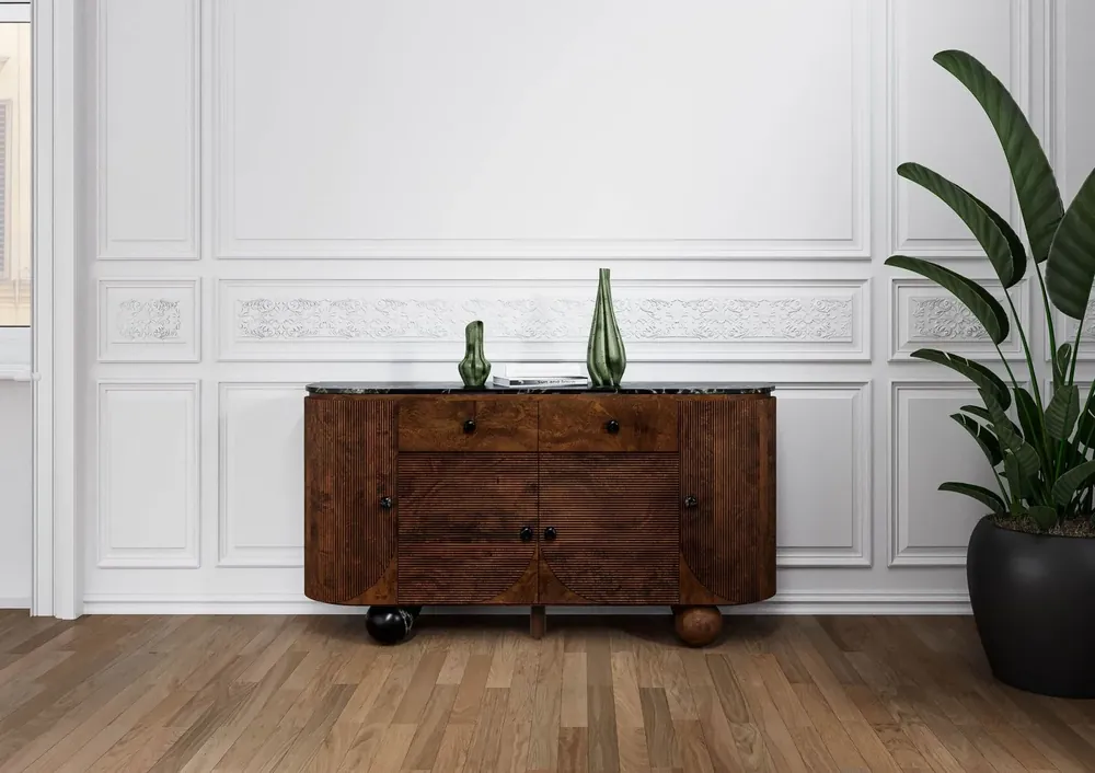 Sideboard Mango 150x40x80 dunkelbraun lackiert / Marmor schwarz FLORENZ #220 Mega-Angebot
