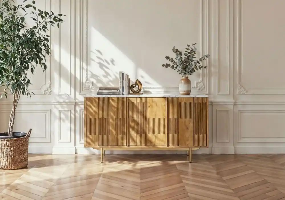 Sichere Zahlung Sideboard Mango 150x40x80 hellbraun geölt / Marmor weiß MIAMI #101