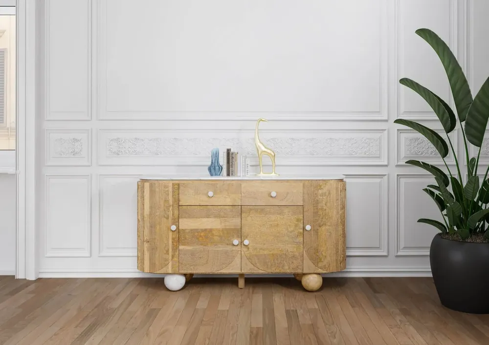 Sideboard Mango 150x40x80 natur lackiert / Marmor weiß FLORENZ #120 Solange Der Vorrat Reicht