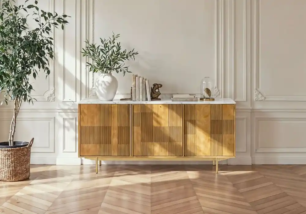 Preisreduziert Sideboard Mango 180x40x80 hellbraun geölt / Marmor weiß MIAMI #100