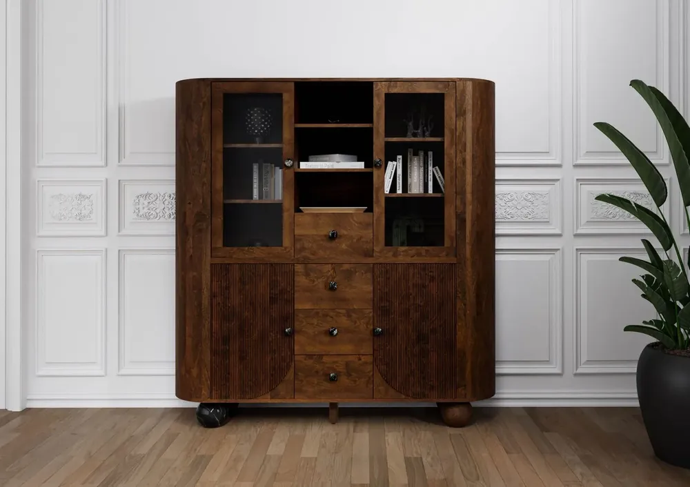 Highboard Mango 150x40x160 dunkelbraun lackiert / Marmor schwarz FLORENZ #227 Wochenendangebot