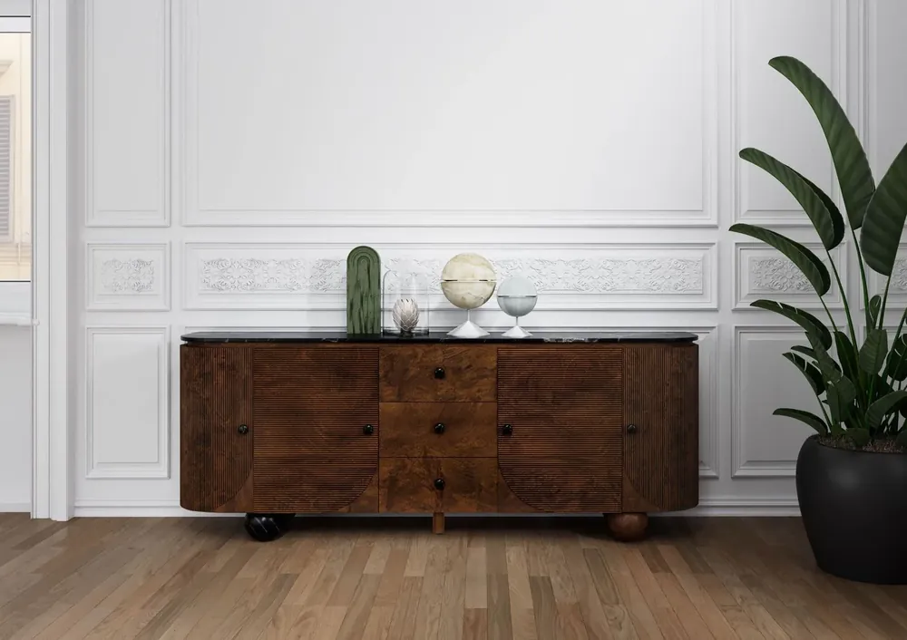 Top-Angebot Sideboard Mango 200x40x80 dunkelbraun lackiert / Marmor schwarz FLORENZ #222