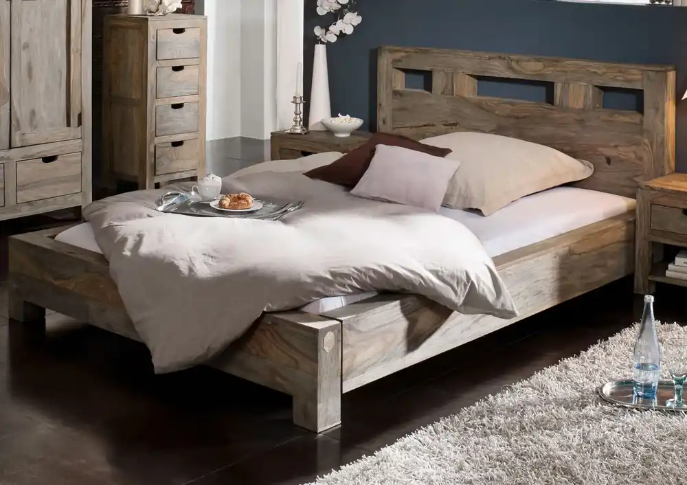 Geprüft Bett Sheesham 200x200x90 grau geölt NATURE GREY #204