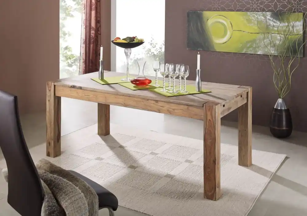 Super-Preis Esstisch mit Ansteckplatten Sheesham 140-180/220x90x76 grau geölt NATURE GREY #303