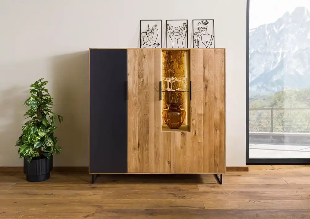 Ausverkauf Highboard Wildeiche mit Glastür 142x43x145 natur geölt LINDAU #117