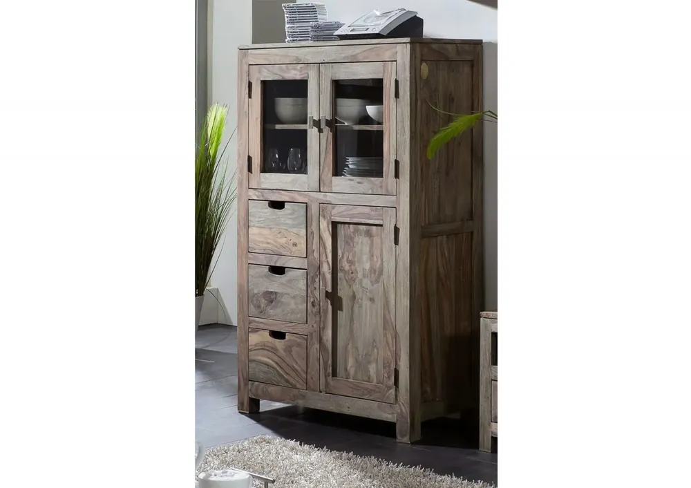 Vitrine Sheesham 90x45x148 grau geölt NATURE GREY #62 Bestpreis