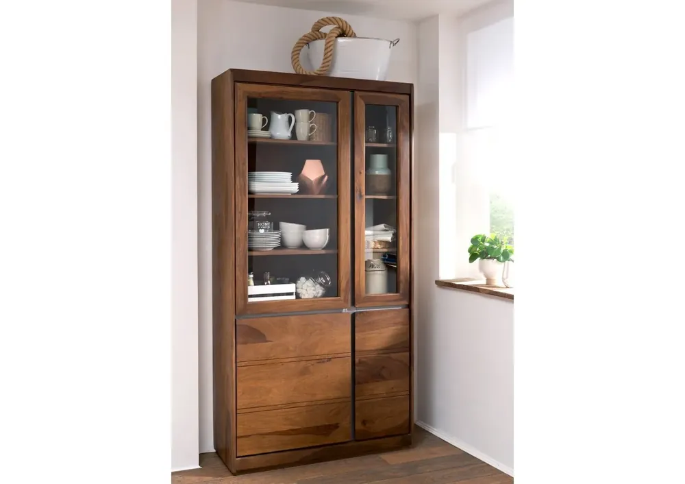 Vitrine Sheesham 102x40x205 noble unique lackiert SYDNEY #101 Ausverkauf