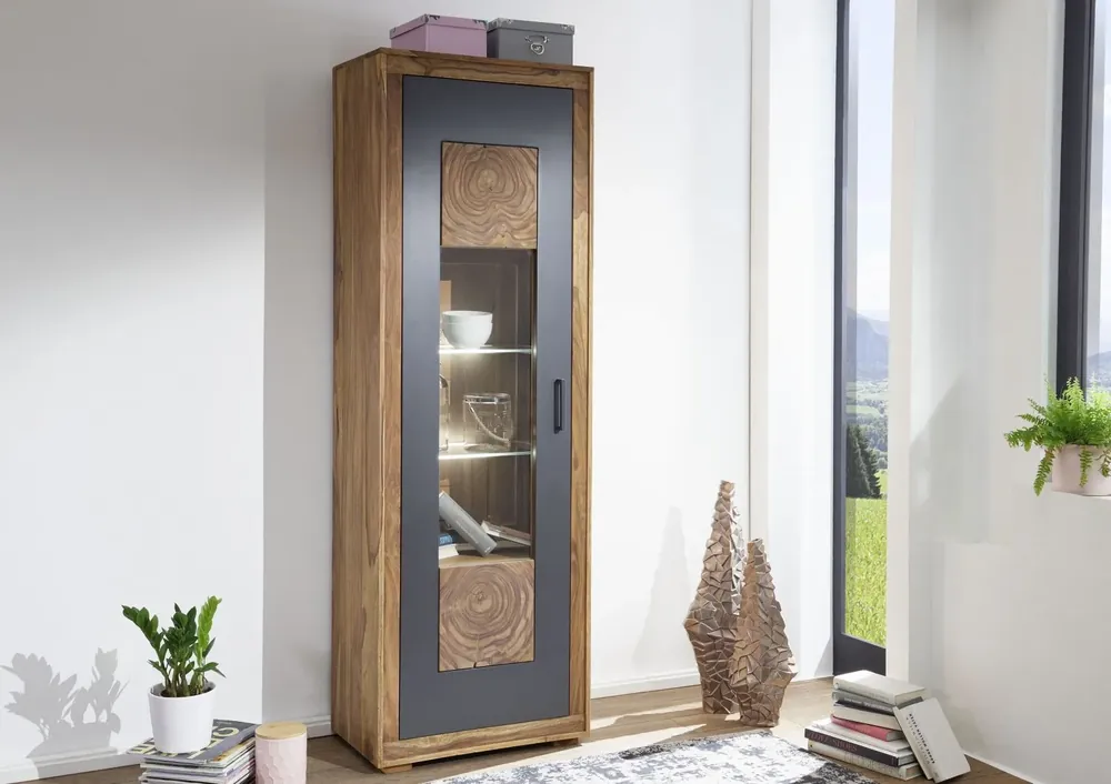 Letzte Chance Vitrine Sheesham 66x40x201 gebeizt TURIN #01