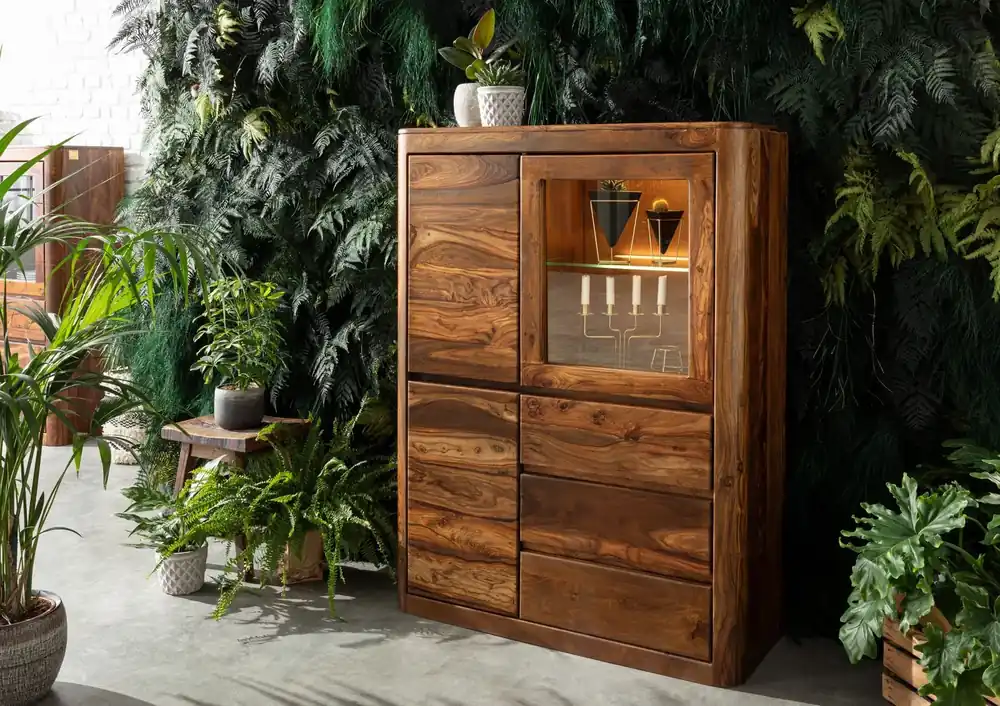 Vitrine Sheesham 109x40x145 walnuss gewachst TORONTO #209 Saisonangebot