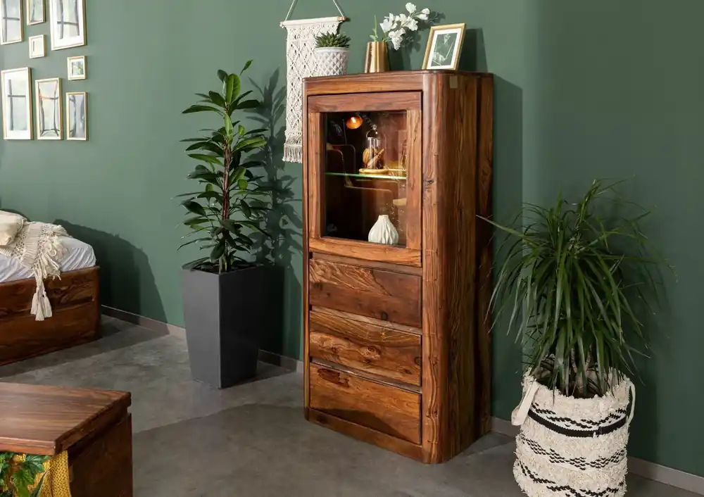 Letzte Chance Vitrine Sheesham 70x40x145 walnuss gewachst TORONTO #208
