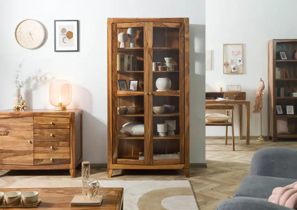 Sichere Zahlung Vitrine Sheesham 100x45x195 braun lackiert ANCONA #116