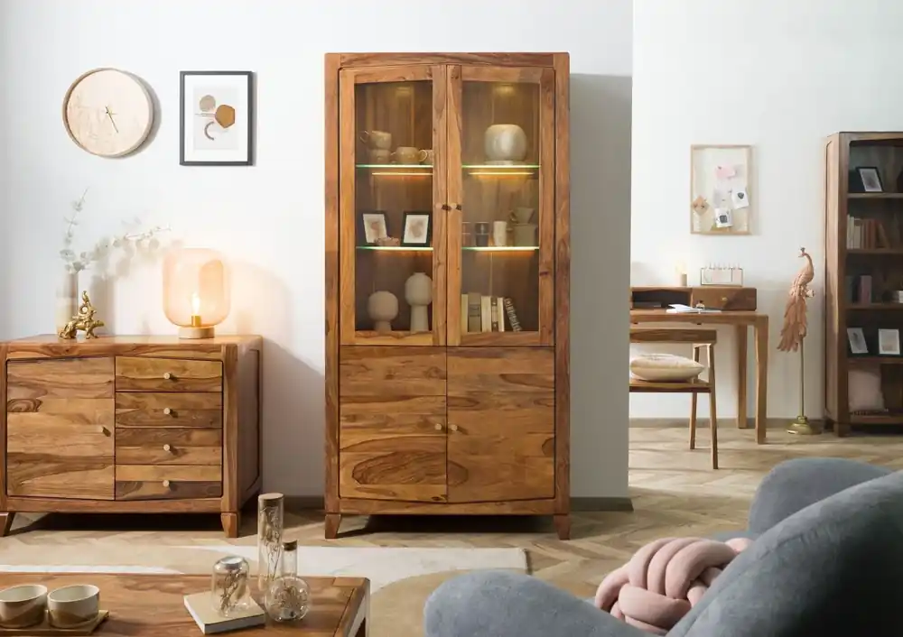Schneller Versand Vitrine Sheesham 100x45x200 braun lackiert ANCONA #135